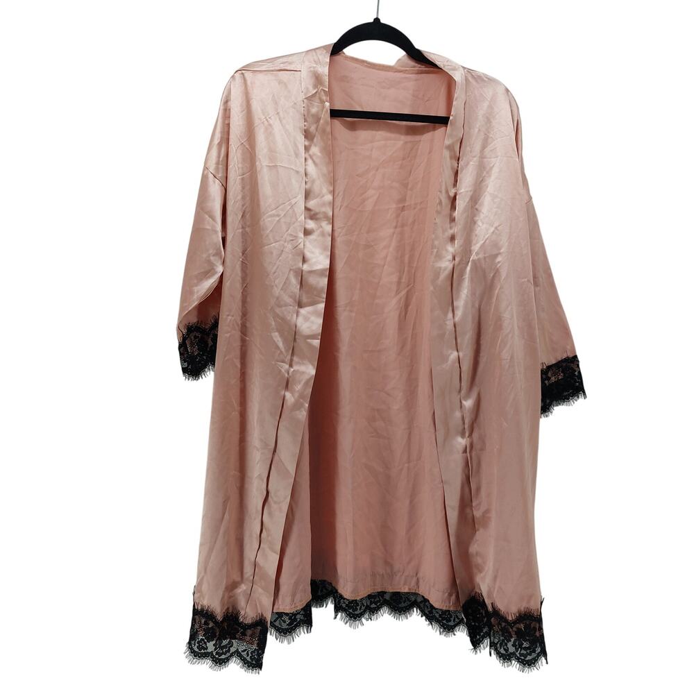 Blush Pink Womens Medium Coral Drawstring Robe Women's Black Lace